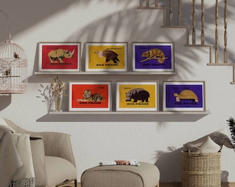Set of 6 Zoo Animal Prints, Kids Poster, Kids room Print, Animal Poster, Horizontal