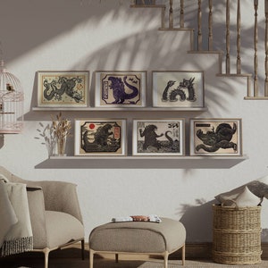Set of 6 Vintage Godzilla Prints, Dragon Prints, Godzilla Poster, Vintage Print, Vintage Poster