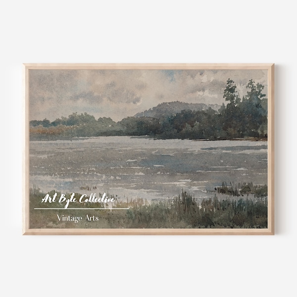 Printable Watercolor Lake Painting, Muted Green Landscape Wall Art, Lake Landscape, Free Gift Inside, Vintage Art, Downloadable Art #156