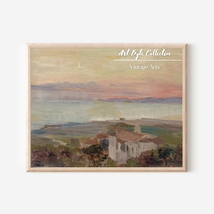 European Coastal Painting, Warm Tone Vintage Wall Art, Digital PRINTABLE Download, Coastal Landscape, Bedroom Art, Farmhouse Painting #147