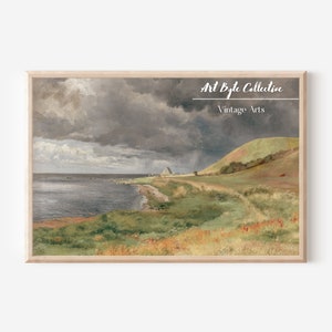 Vintage Seaside Landscape Painting, Antique Muted Green Wall Art,  Digital PRINTABLE Landscape, Farmhouse Decor, Gift for Art Lovers #152