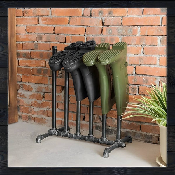 Free Standing Industrial Rustic Iron Pipe Boot Drying Rack - Steampunk Home Decor