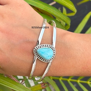 Natural Larimar Bangle, Larimar Gemstone Jewelry, Promise Bangle, 925 Sterling Silver Bangle, Handmade Jewelry, Adjustable Bangle, Gift Her,