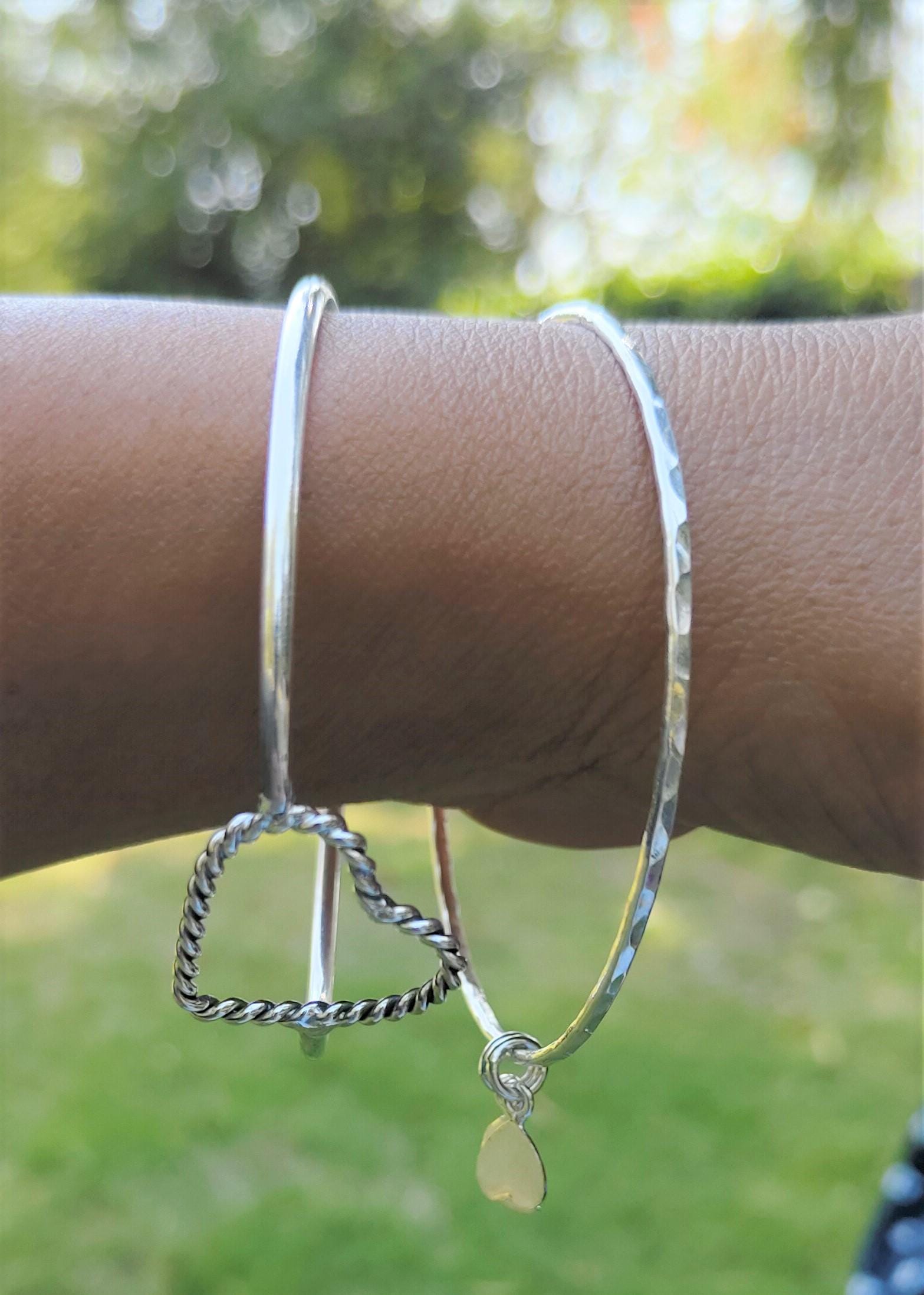 Handmade Sterling Silver Bangle Set: Heart Charm Bangles - Etsy