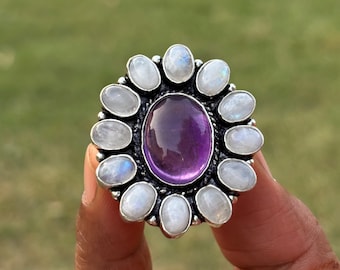 Handmade Amethyst & Rainbow Moonstone 925 Sterling Silver Statement Ring