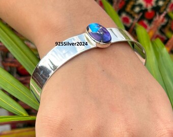 Paarse koperen dahlia-turkoois armband: sterlingzilveren boho-manchet