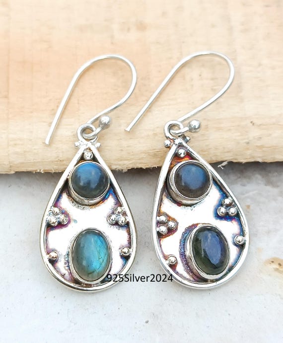Handmade Labradorite Earrings: 925 Sterling Silver Dangle Earrings