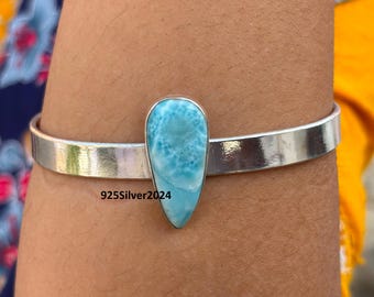 Handmade Larimar Bangle: Sterling Silver Stackable Gemstone Jewelry