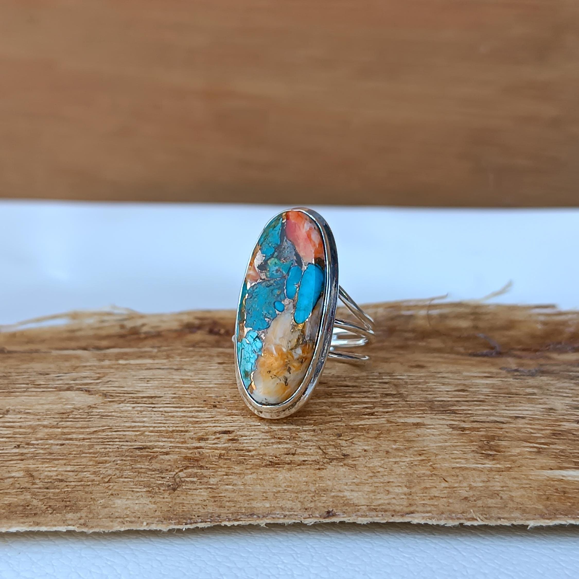 Oval Spiny Oyster Copper Turquoise Sterling Silver Ring | December Birthstone Ring | Multi Colored Turquoise Ring - Gilded Bug Jewelry