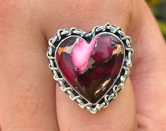 Rote Rose Dahlie Türkis Ring: Handgemachter Sterling Silber Herz Edelstein