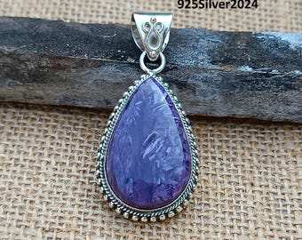 Handmade Charoite Pendant: 925 Sterling Silver Designer Jewelry