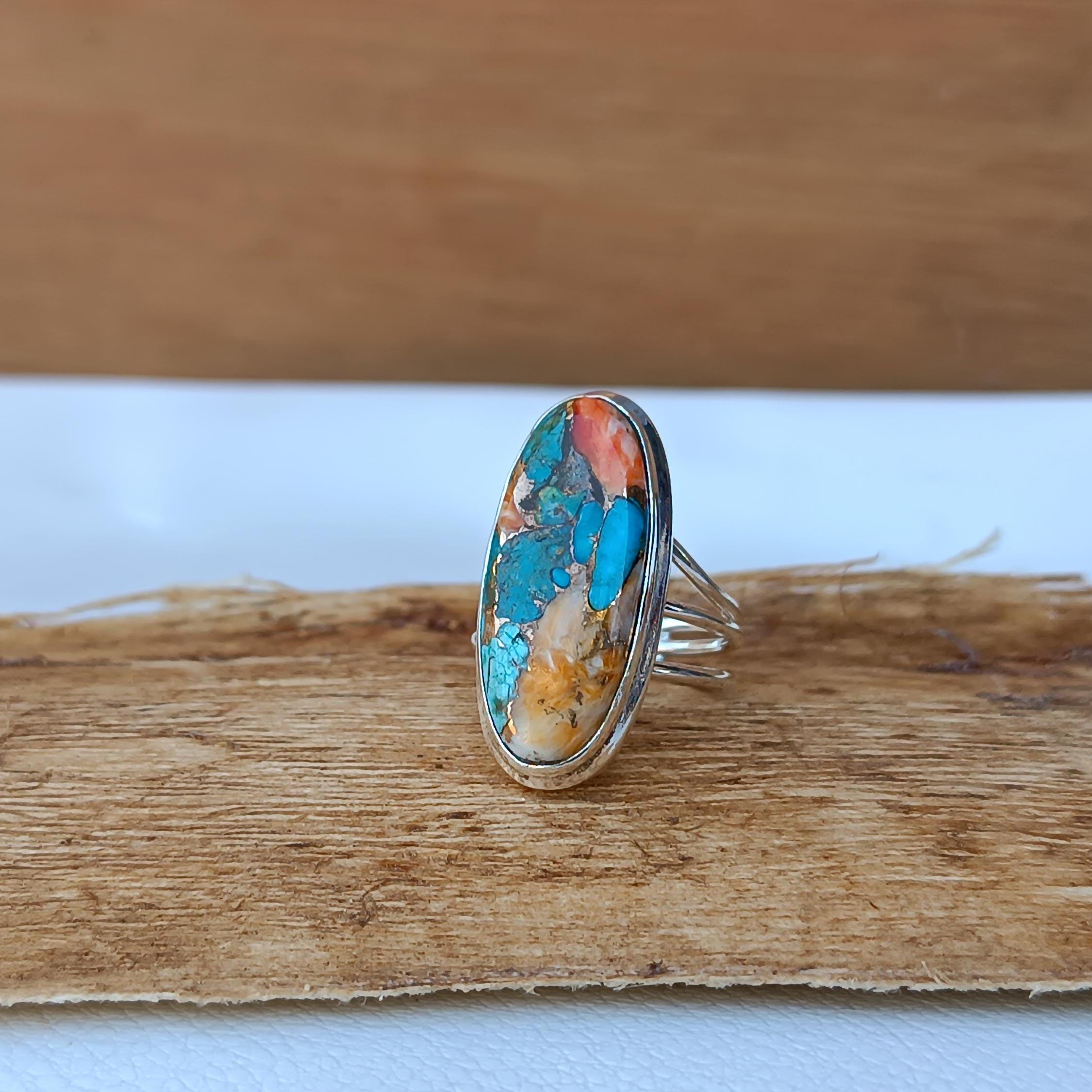 Oval Spiny Oyster Copper Turquoise Sterling Silver Ring | December Birthstone Ring | Multi Colored Turquoise Ring - Gilded Bug Jewelry