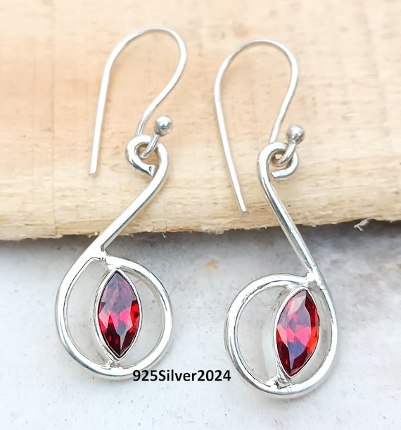 Handmade Red Garnet Earrings: 925 Sterling Silver Dangle Jewelry