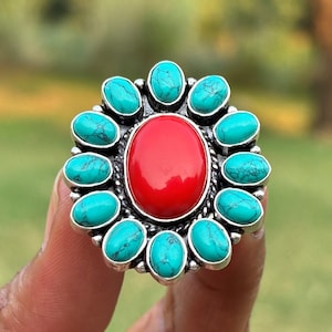 ●ZUNI●ターコイズ レッドコーラル ●シルバー925リング●Dishta刻印 Zuni Red Coral Ring - Etsy