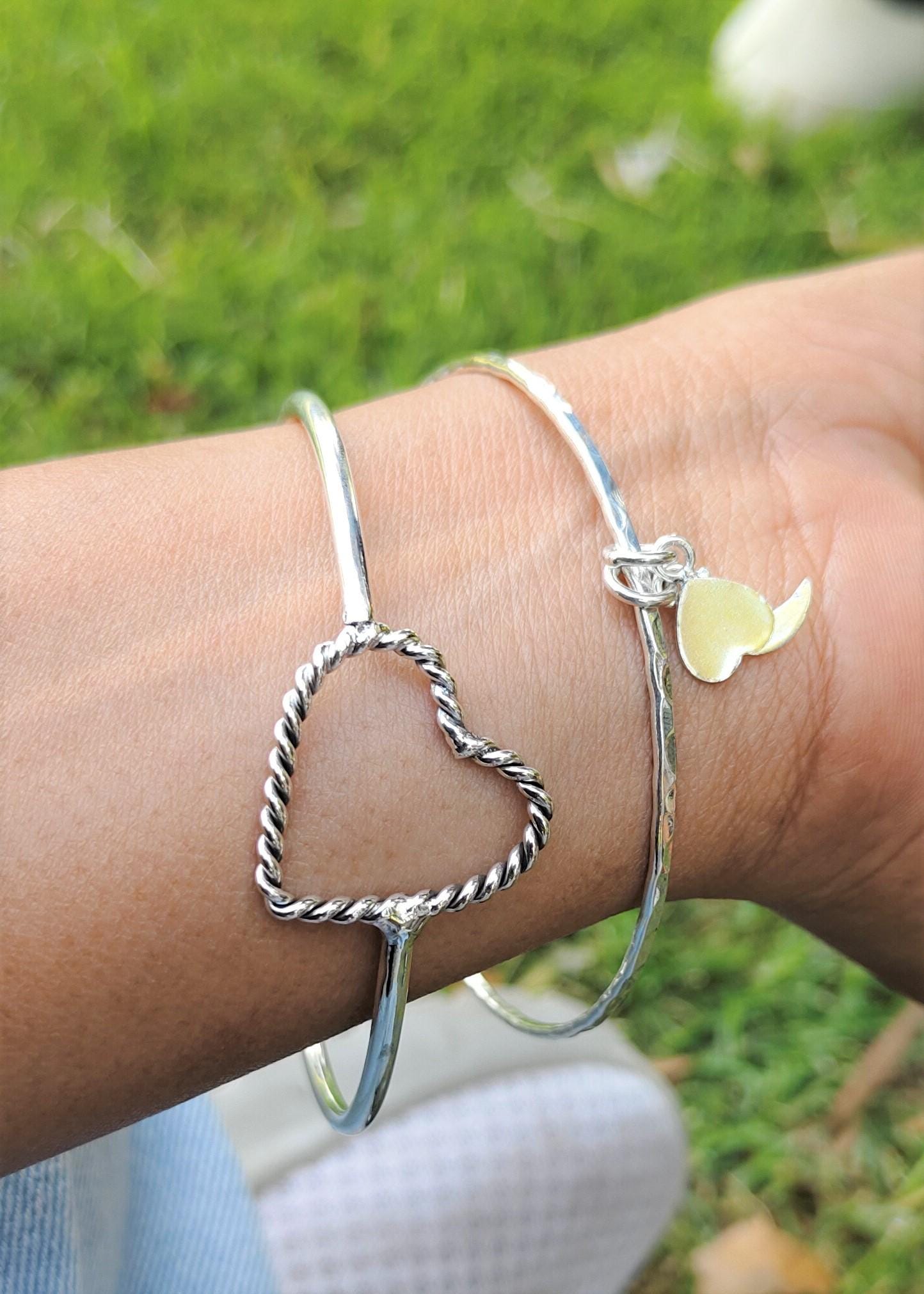 Handmade Sterling Silver Bangle Set: Heart Charm Bangles - Etsy