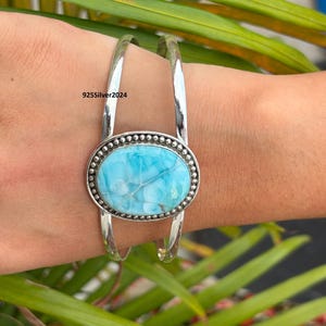 Oval Larimar Bangle: Handmade 925 Sterling Silver Statement Jewelry