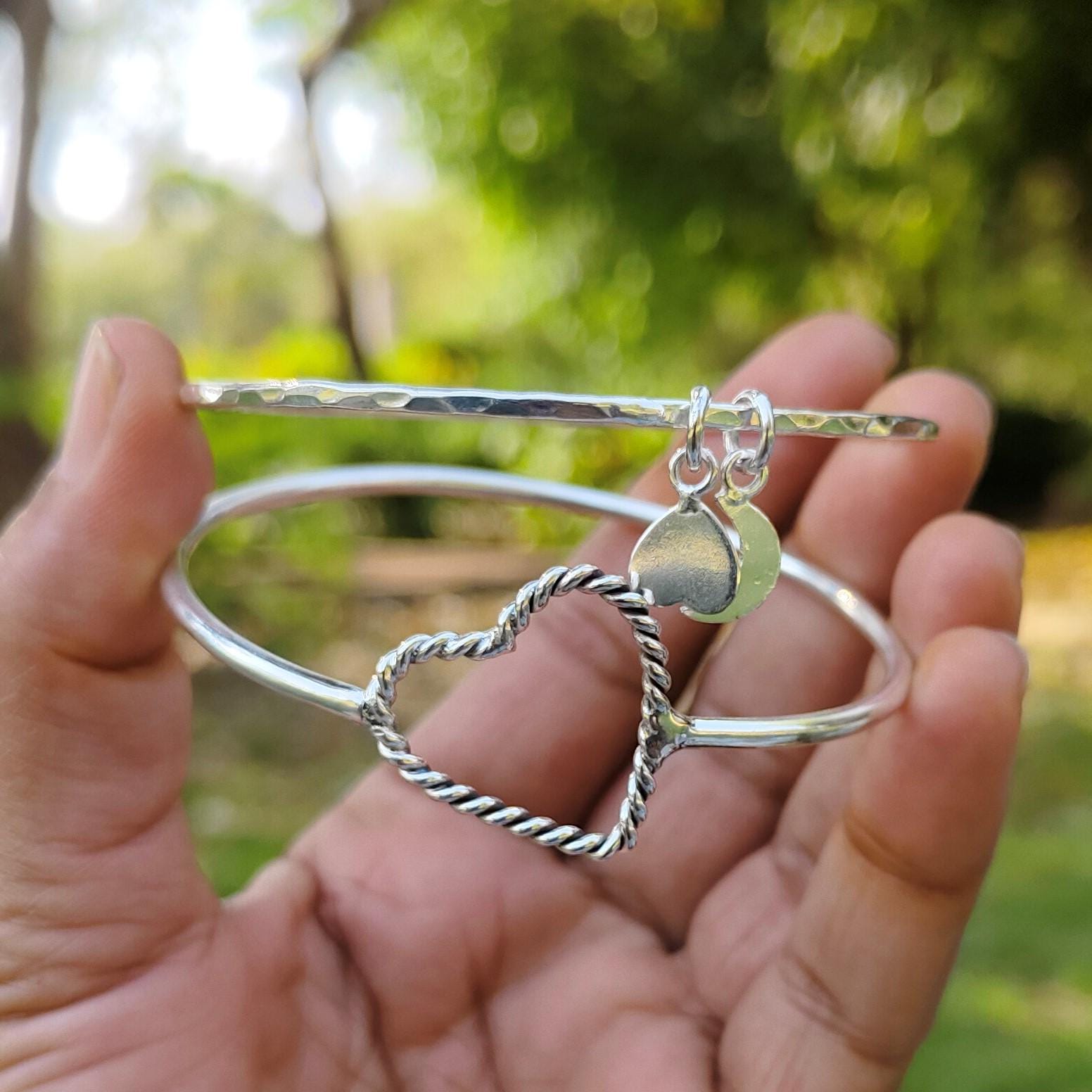 SILVER925 HEART DESIGN BANGLE/シルバー/バングル Handmade Sterling Silver Bangle Set: Heart Charm Bangles - Etsy