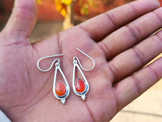 Handmade Carnelian 925 Sterling Silver Drop Earrings
