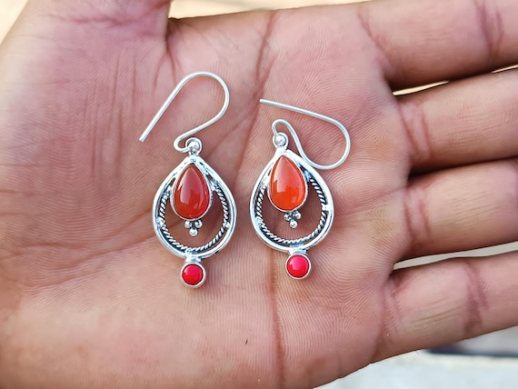 Handmade Carnelian Sterling Silver Drop Earrings, Dangle Jewelry