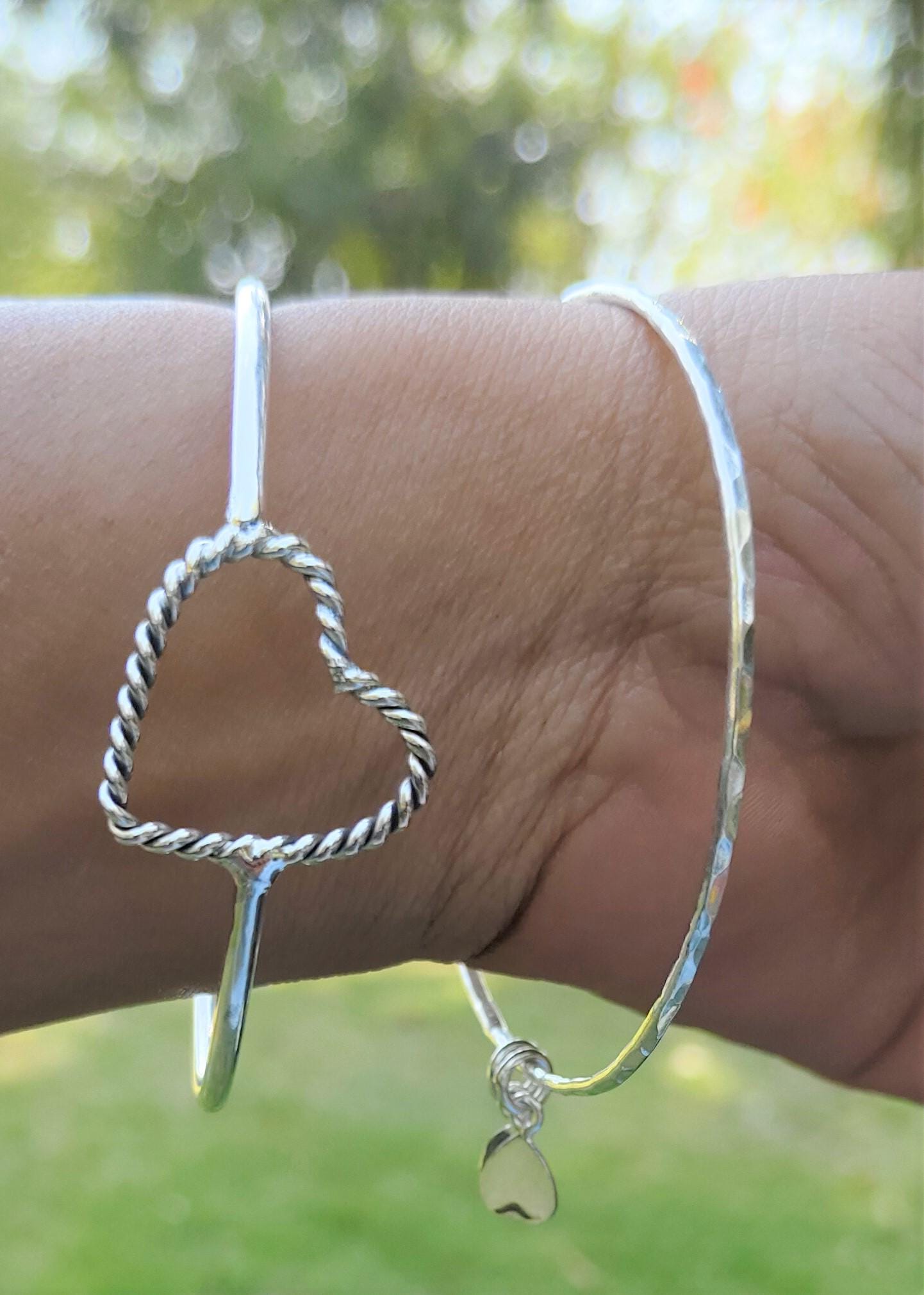 Handmade Sterling Silver Bangle Set: Heart Charm Bangles - Etsy