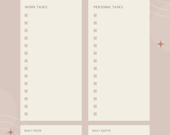May include: A beige daily planner with a minimalist design. The planner has sections for work tasks, personal tasks, daily mood, and a daily quote. The planner has a date field at the top.