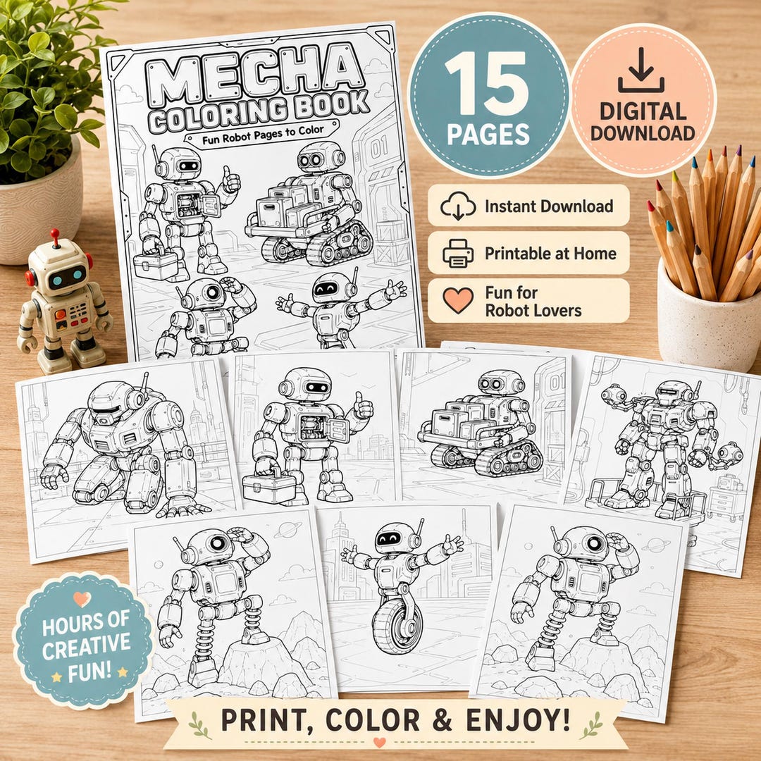 Robot Coloring Book Vol 2 Mecha Sci-fi Printable PDF for Kids 15 Pages ...