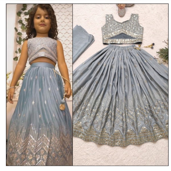 Designer gris lehenga choli cousu pour enfants, robe indienne pour bébé fille, robe de mariée pour enfants pour filles, prêt-à-porter, robe pour enfants, tenues de festival