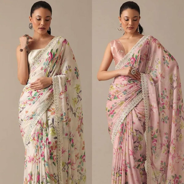 New Georgette Floral Prints Saree Bollywood Inspired Designer Partywear saree for women wedding saree with blouse, White Saree, Pink saree