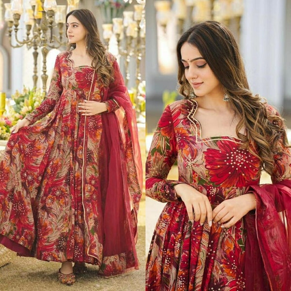 Ontwerper Georgette Anarkali Jurk met Dupatta Volledig gestikte jurk voor vrouwen, anarkali pak, wiedjurk, lange jurk, jurk, pak voor vrouwen