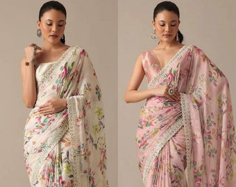 Nouveau Saree en georgette à imprimés floraux Bollywood inspiré sari de fête pour femme sari de mariage avec chemisier, sari blanc, sari rose