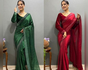 Designer Sequin Partywear saree, Ready to wear saree, Silk saree with Blouse Wedding saree, 1 minute saree easy to wear saree, Stitch blouse