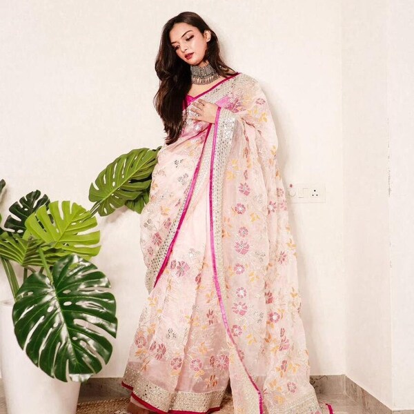 Pink Organza Silk Saree For USA Women Floral Print Partywear Saree For Indian Wedding,Saree With Blouse Gift For Wife,Diwali Festival Dress