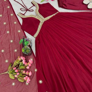 Heavy Georgette&nbsp; With attached Pad With Extra Sleeve Fabric and Fully 10 Meter Ruffle Flair Gown