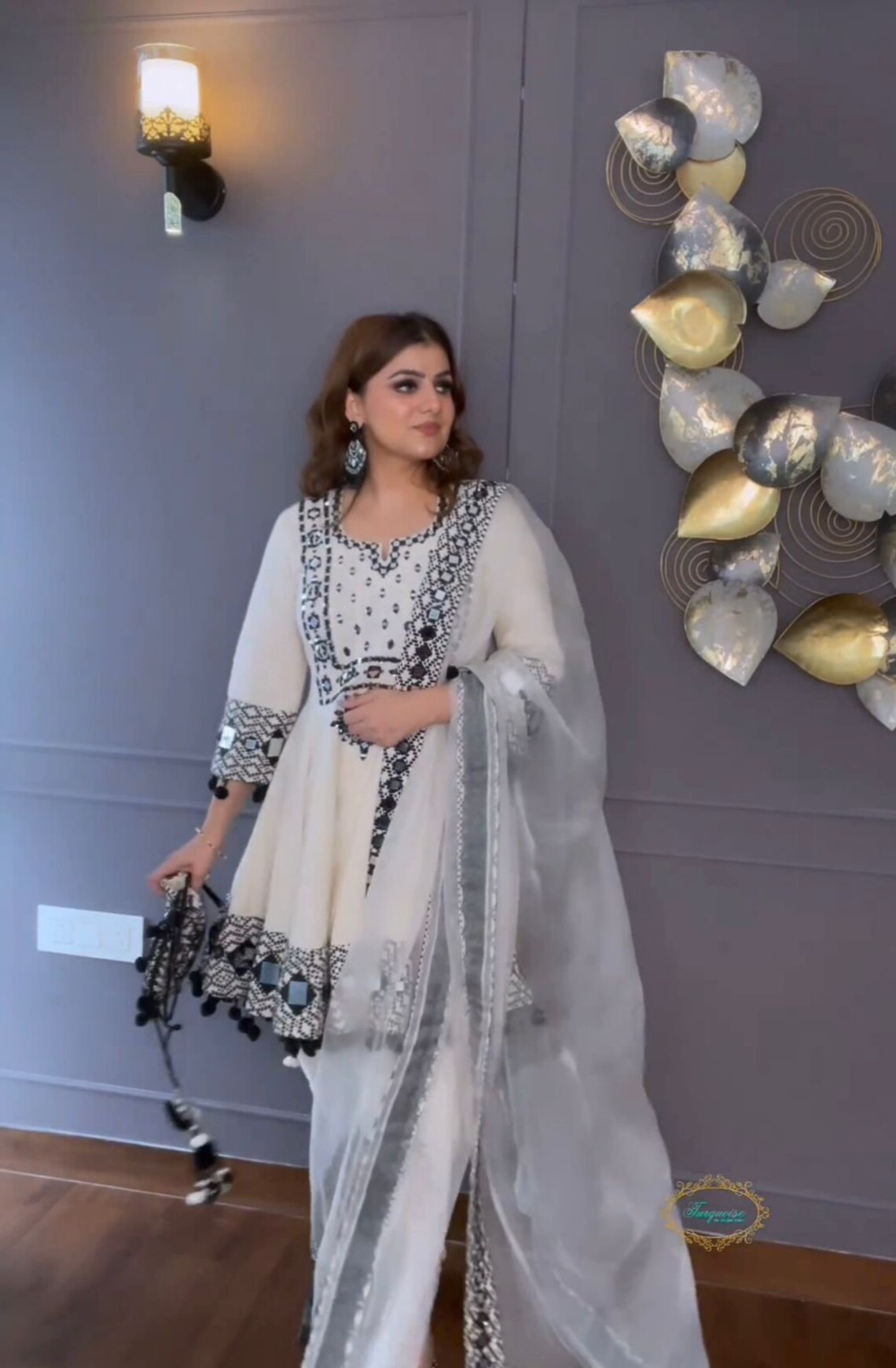 Radiant Reflection Mirror Embroidery Pure Dola Silk Kaftan Kurti with Tulip Pants