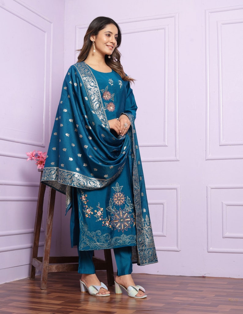 Blue Wedding Ethnic Wear Kurta Pent set, Salwar Kameez, Salwar Kameez Readymade, wedding dress, Eid Suit, partywear dress, salwar suit image 3