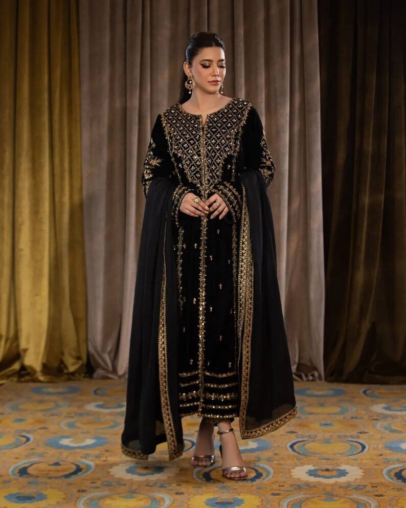 Designer Readymade Velvet Black Salwar Suit For Women Embroidery Sequence Dress For Women, Wedding dress, Party wear dress, Pakistani suit Black