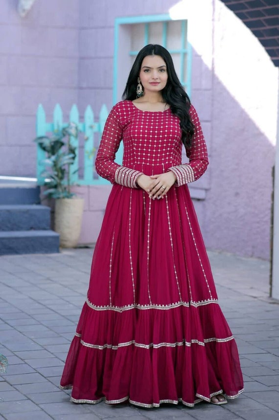 FUSIONIC Pink Color Georgette Base Gown with Pant and Dupatta - M :  Amazon.in: Fashion