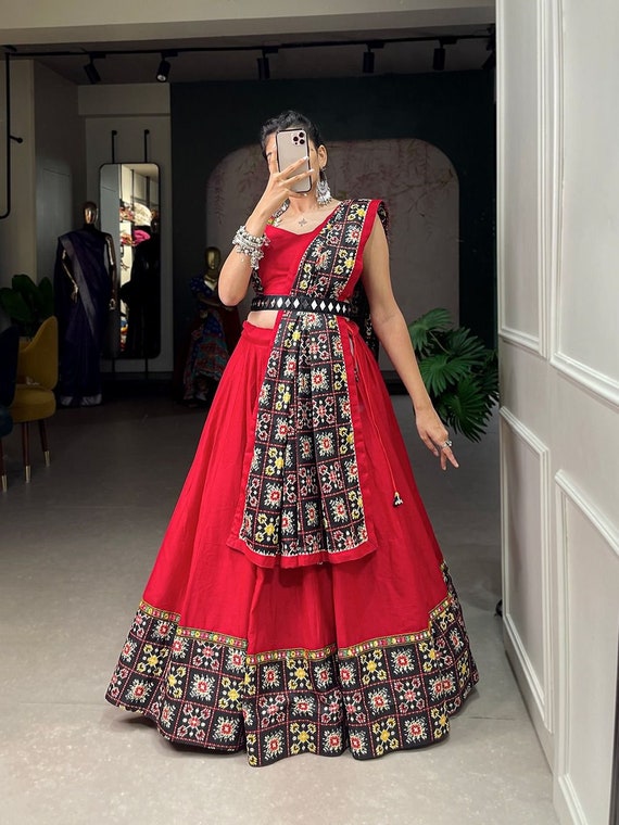 Red Printed Lehenga With Red Embroidered Blouse and Printed Dupatta in 2024