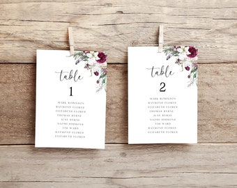 Editable Seating Cards Template, Burgundy Blush Floral Table Numbers Cards, Wedding Seat Plan Card Template, Instant Download