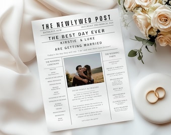 Newspaper Wedding Program Template, Editable Wedding Newspaper Program, Printable Wedding Infographic, Folded Wedding Day Program Crosword#N