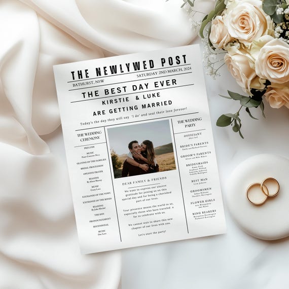 Newspaper Wedding Program Template, Editable Wedding Newspaper Program, Printable Wedding Infographic, Folded Wedding Day Program Crosword#N