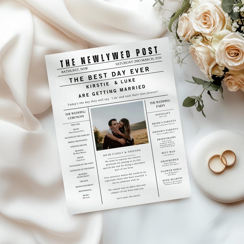 Newspaper Wedding Program Template, Editable Wedding Newspaper Program, Printable Wedding Infographic, Folded Wedding Day Program Crosword#N image 1