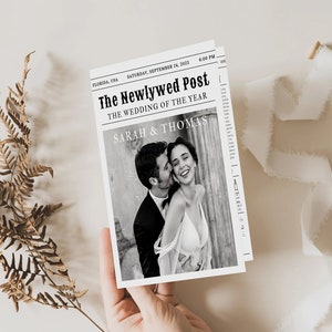 Newspaper Wedding Program Template, Editable Wedding Newspaper Program, Printable Wedding Infographic, Folded Wedding Day Program, Cross N zdjęcie 2