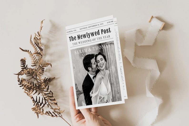 Newspaper Wedding Program Template, Editable Wedding Newspaper Program, Printable Wedding Infographic, Folded Wedding Day Program, Cross N zdjęcie 2