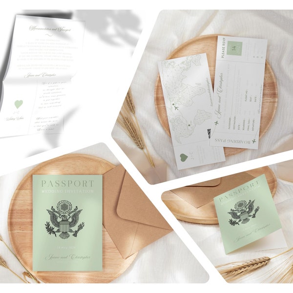 Travel Wedding Invitation Suite Editable Canva Template Sage Green Wedding Passport Custom Destination Wedding Invite Bundle Printable Cards