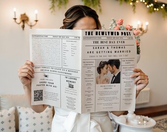 Newspaper Wedding Program Template, Editable Wedding Newspaper Program, Printable Wedding Infographic, Folded Wedding Day Program, #N