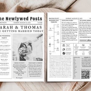 K&ouml;nnte beinhalten: Schwarz-Wei&szlig;-Hochzeitszeitung mit dem Titel &bdquo;The Newlywed Posts&ldquo; mit den Namen Sarah & Thomas. Der Druck enth&auml;lt Hochzeitsdetails, ein Foto des Paares und einen Zeitplan. Das Datum ist der 23. August 2023.