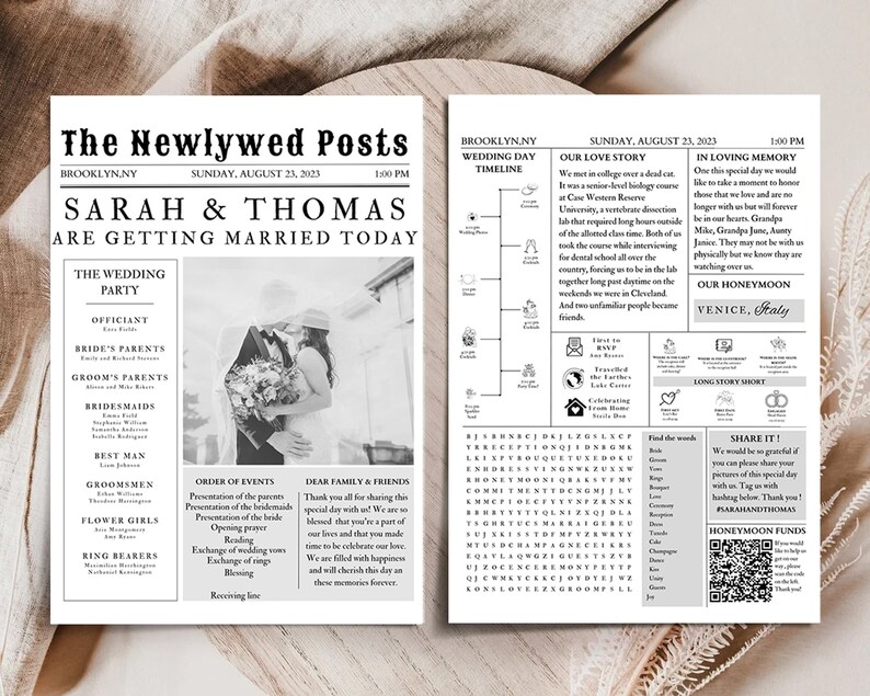 K&ouml;nnte beinhalten: Schwarz-Wei&szlig;-Hochzeitszeitung mit dem Titel &bdquo;The Newlywed Posts&ldquo; mit den Namen Sarah & Thomas. Der Druck enth&auml;lt Hochzeitsdetails, ein Foto des Paares und einen Zeitplan. Das Datum ist der 23. August 2023.