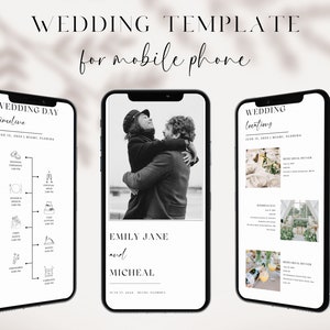 May include: Three smartphones displaying a wedding template. The screens show a wedding day timeline, a photo of a couple, and wedding locations. Text includes "WEDDING TEMPLATE for mobile phone", names, and dates.