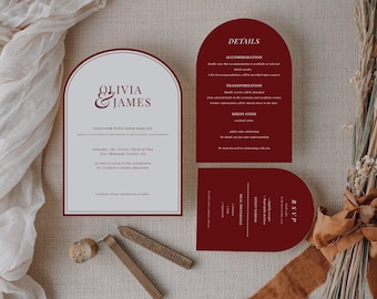 Luxury Old Money Wedding Invitation Set | Arch Shape Digital Canva Template, Timeless Classic RSVP Details Suite | Formal Burgundy Invites